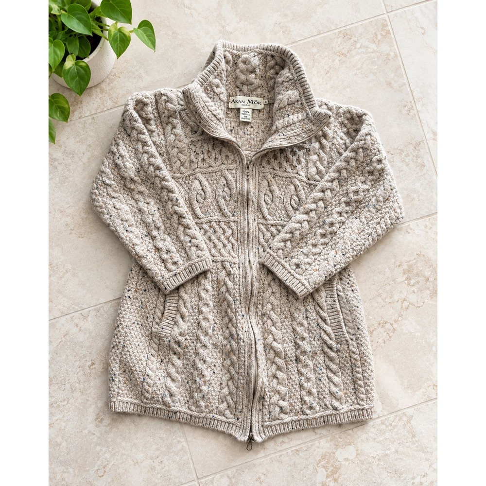 Aran Mor Ireland Merino Wool Cable Knit Zip Cardigan Sweater Donegal Tweed Large